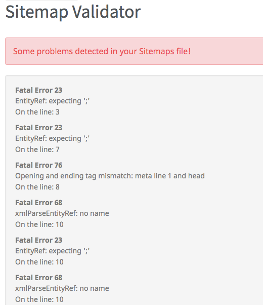 seoptimer sitemap validator toont fouten screenshot